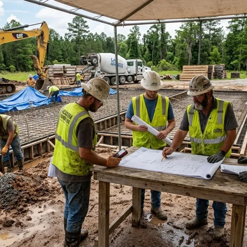 Lafayette concrete contractors inspecting soil for durable residential patio foundation in Acadiana, Louisiana