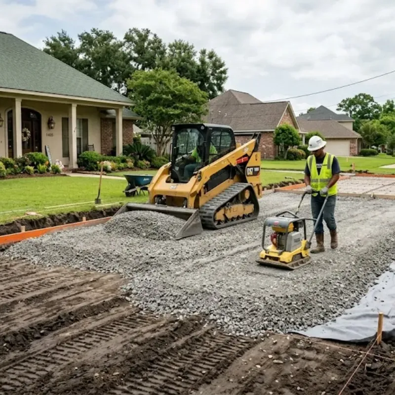 Lafayette driveway subbase preparation with compacted crushed aggregate base for crack-resistant residential concrete installation