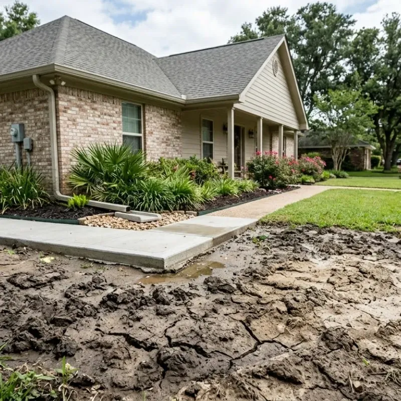 Lafayette home foundation with cracks caused by clay soil and poor moisture control, illustrating soil and moisture management for preventing damage