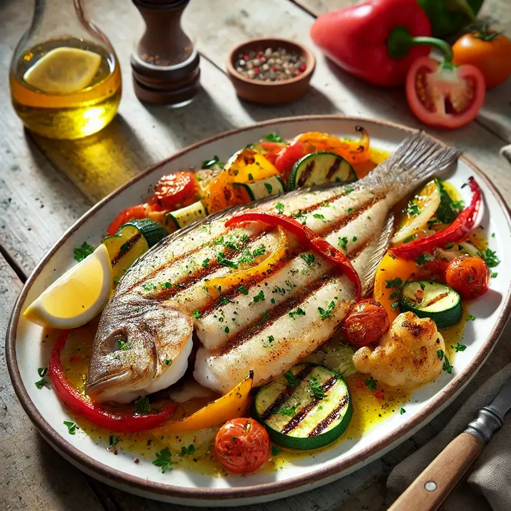 Un plato de pescado y verduras a la parrilla sobre una mesa de madera.