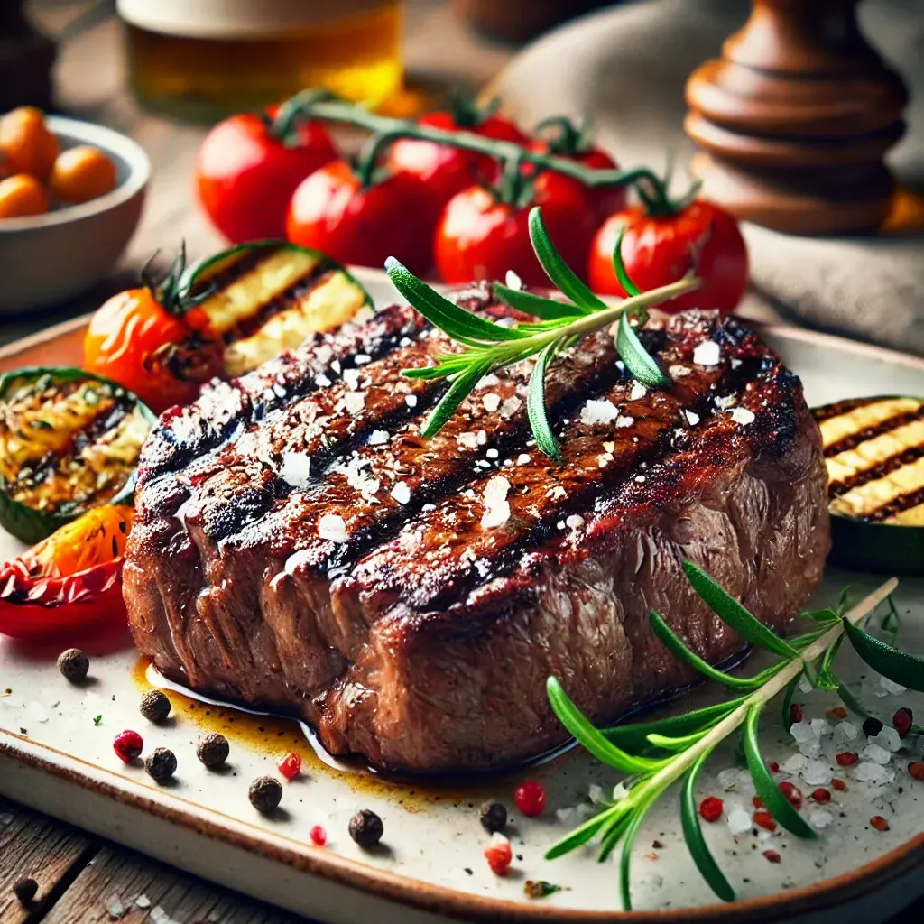 Un filete con verduras en un plato sobre una mesa.