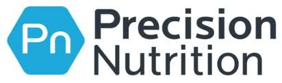 A logo for precision nutrition with a blue hexagon in the middle.