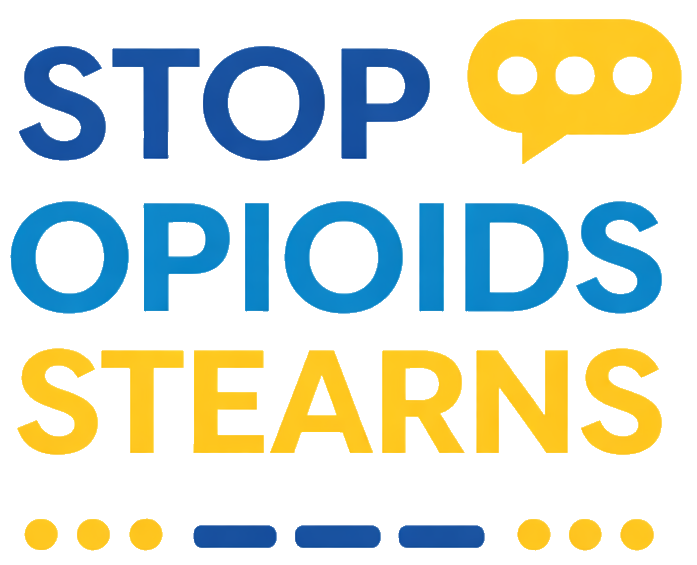 Logo reading "STOP OPIOIDS STEARNS" in blue and yellow text with a speech bubble icon and patterned dots and dashes.