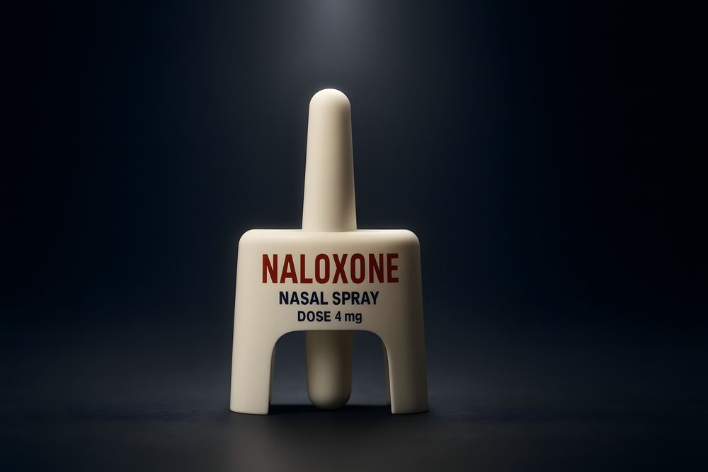 A single-dose naloxone nasal spray device with a white applicator on a dark background.
