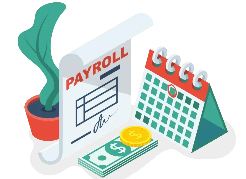 An isometric illustration of a payroll , calendar , money and a plant.