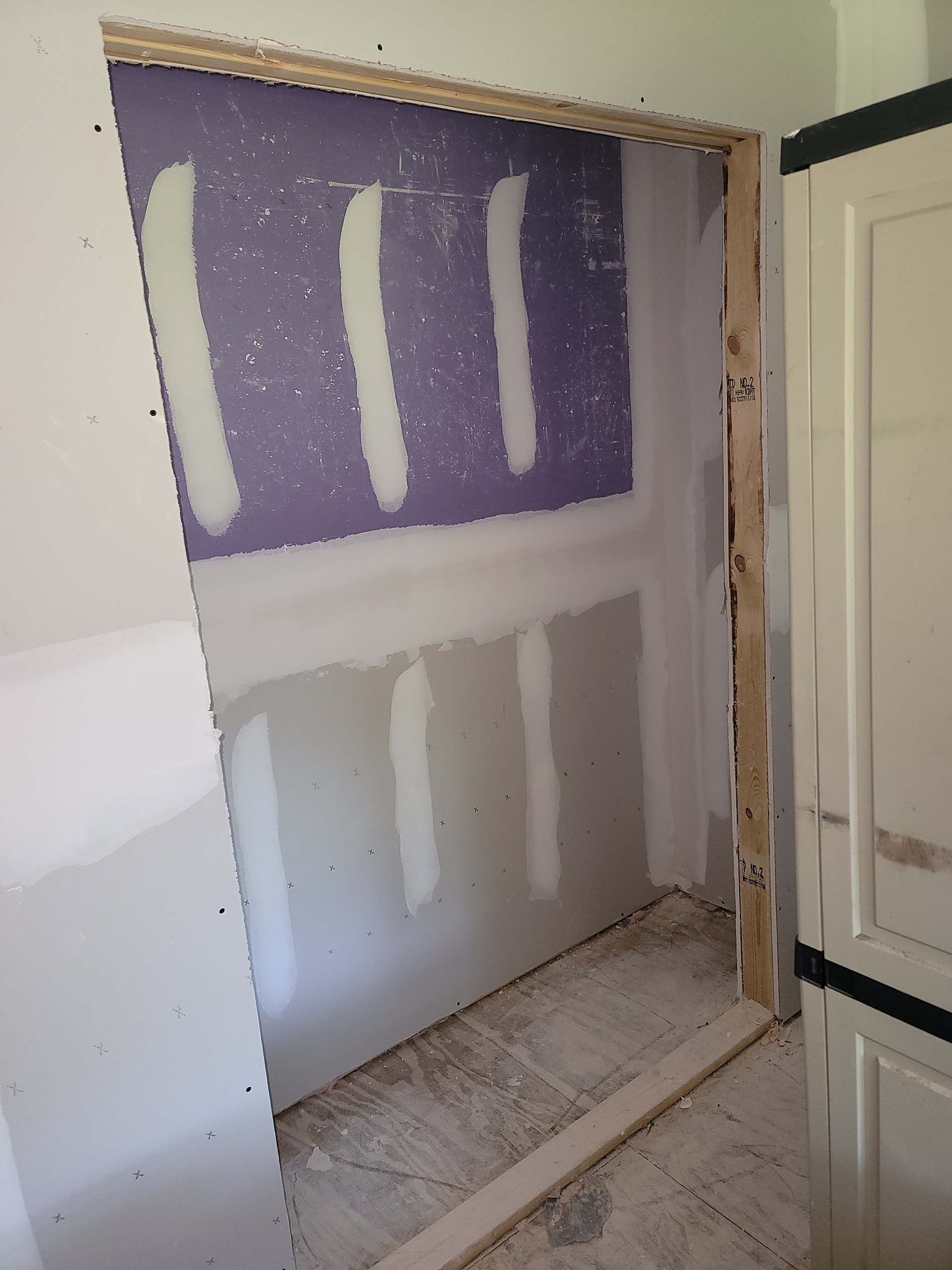 A room with a purple wall and a white door.