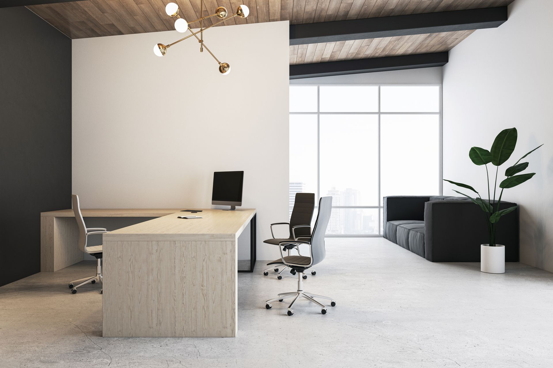 Modern office with desk, chairs, sofa, large window, and plant.