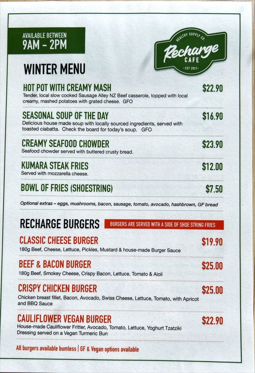 a menu for a restaurant called recharge bar, best cafe, best coffee, best food, clyd