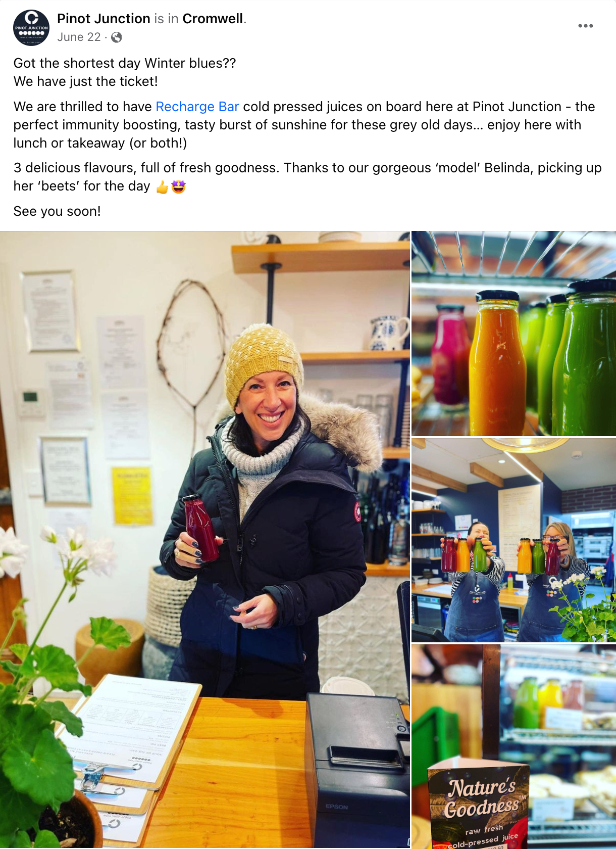 a facebook post about pinot junction is in cromwell, best food, best coffee, recharge bar, clyde, cycleway,