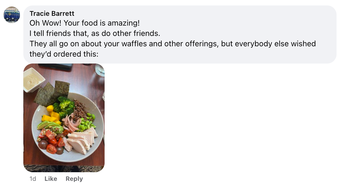 a facebook post by tracie barrett shows a bowl of food, best food, best coffee, recharge bar, clyde, cycleway, cafe