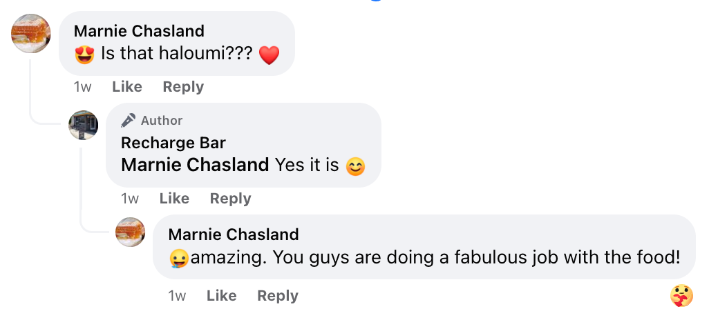 a screenshot of a facebook conversation between marnie chasland and recharge bar, best food, best coffee, recharge bar, clyde, cycleway, cafe