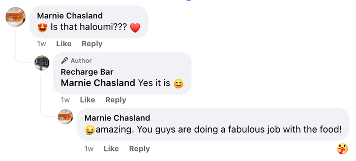 a screenshot of a facebook conversation between marnie chasland and recharge bar, best food, best coffee, recharge bar, clyde, cycleway, cafe