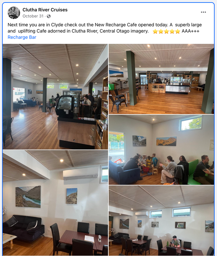a facebook post from clutha river cruises shows the inside of the cafe, best food, best coffee, recharge bar, clyde, cycleway