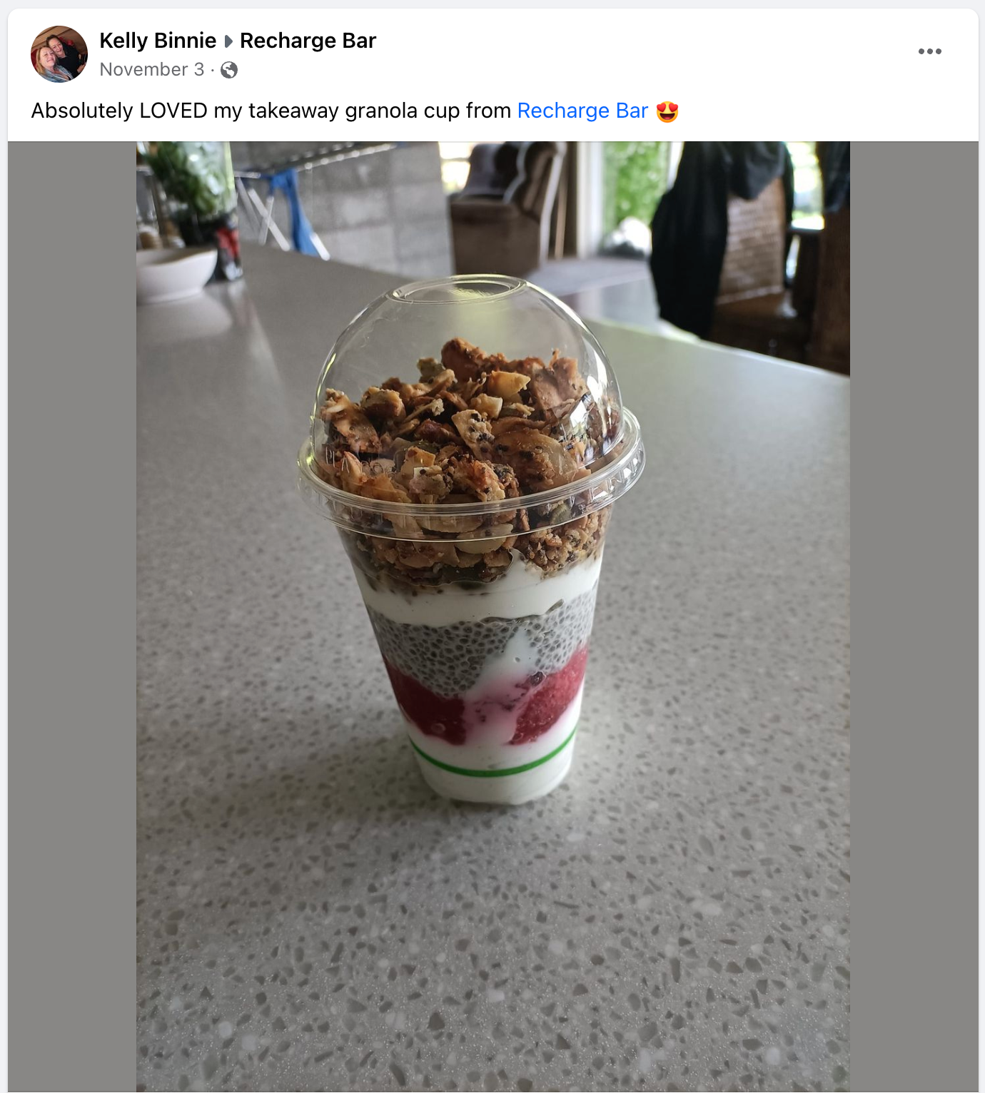 a picture of a takeaway granola cup from recharge bar, best food, best coffee, recharge bar, clyde, cycleway, cafe
