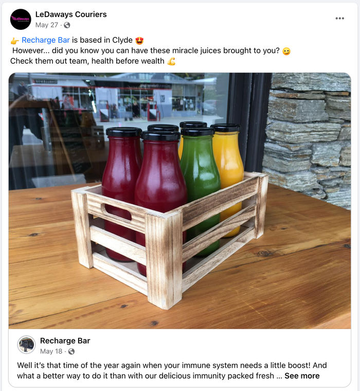 a facebook post from ledaways couriers shows bottles of juice in a wooden crate, best food, best coffee, recharge bar, clyde, cycleway, cafe