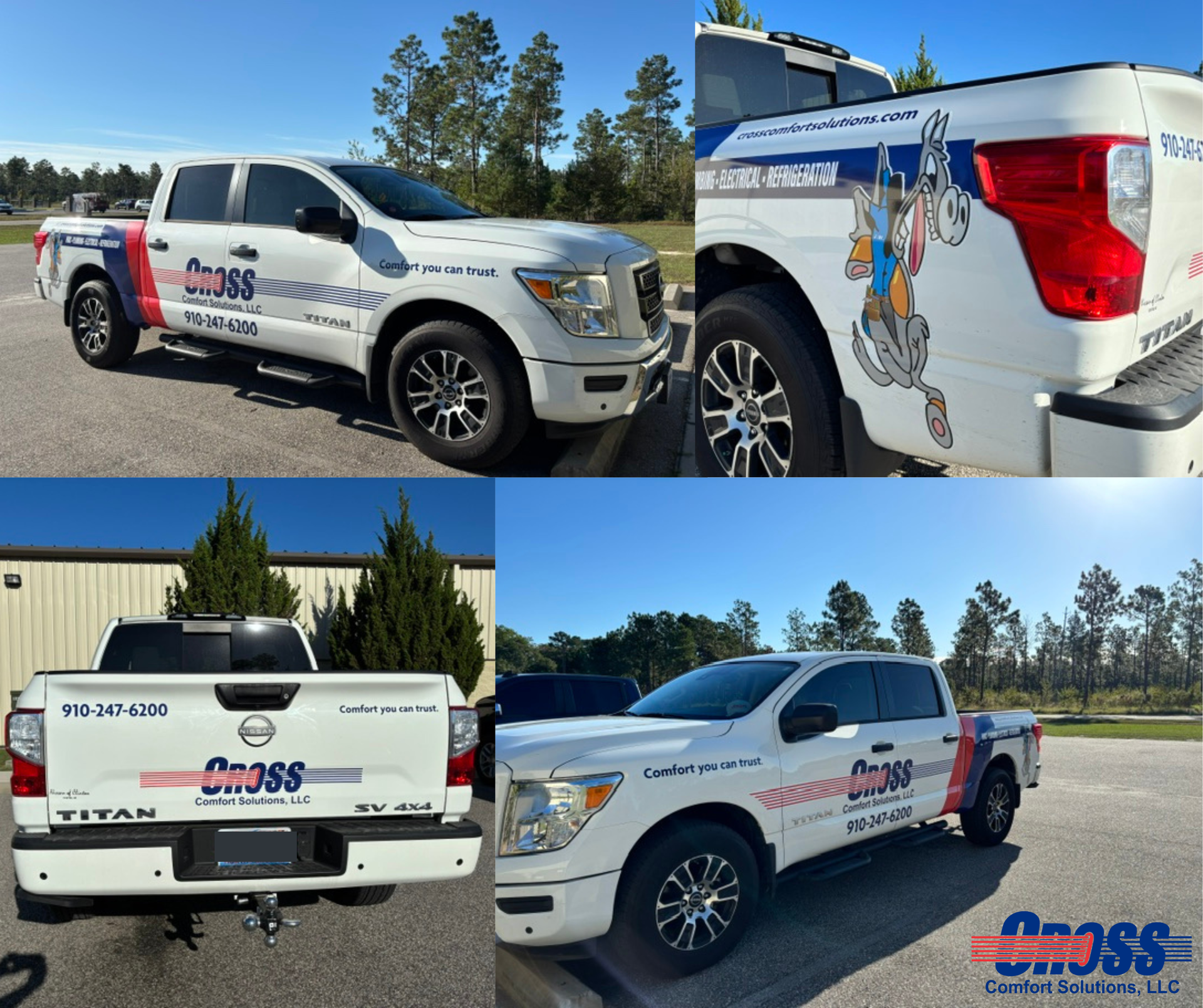 Four views of a white Nissan Titan truck with company logo,