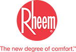 The rheem logo is red and white and says `` the new degree of comfort ''.