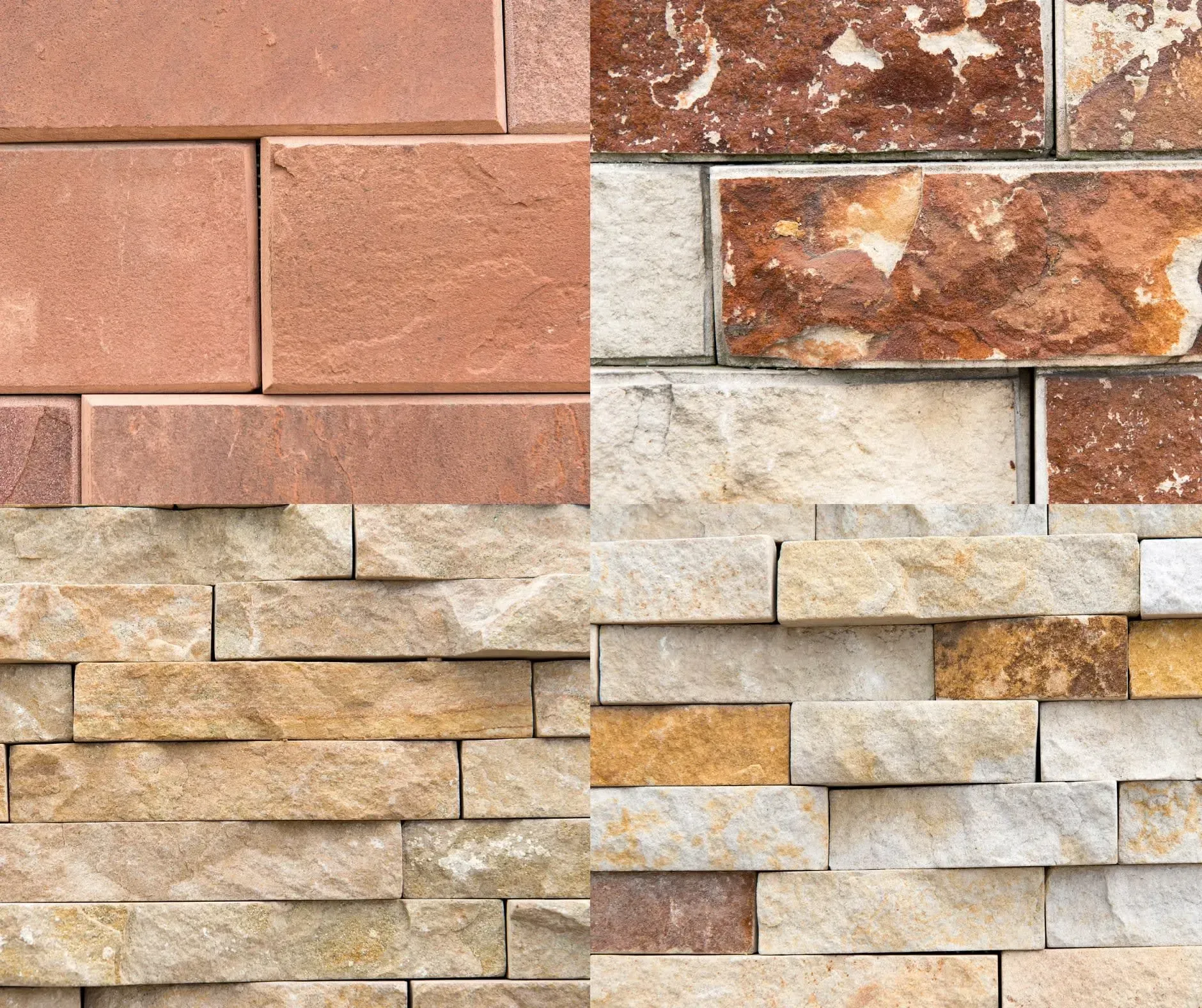 Four different brick and stone wall textures: red, brown, and beige.