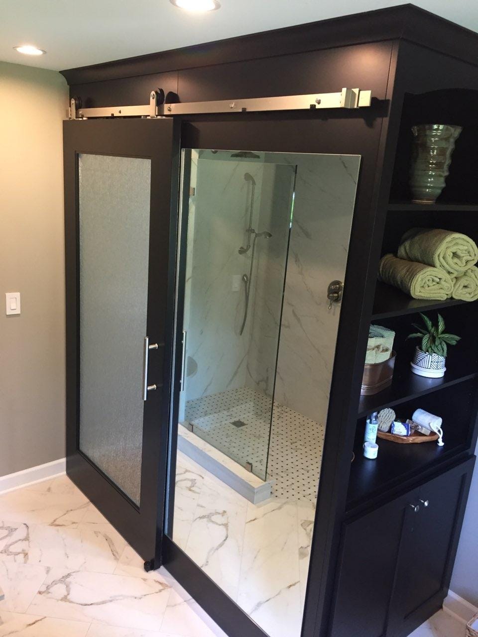 Stylish Shower With Black Frame in Hamburg, NY Home