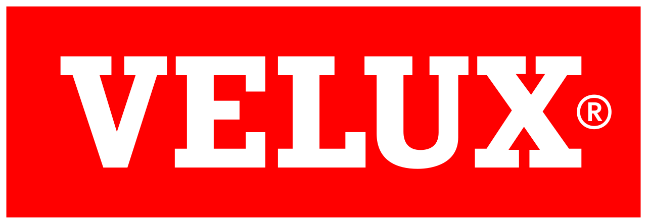 VELUX logo in white text on a red rectangle. The (R) registered trademark symbol is in the upper right.