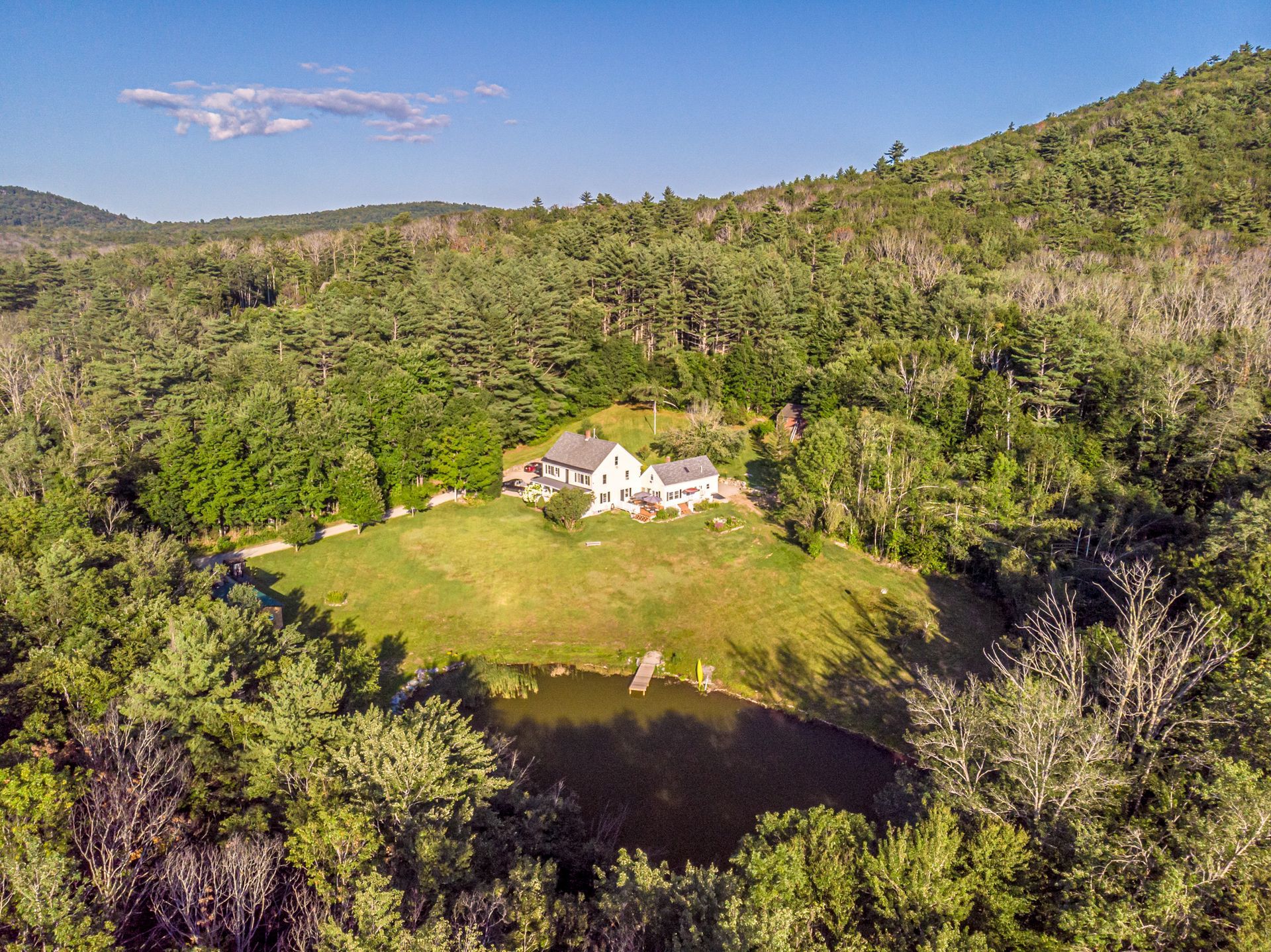 House on a grassy hill surrounded by trees, overlooking a pond.