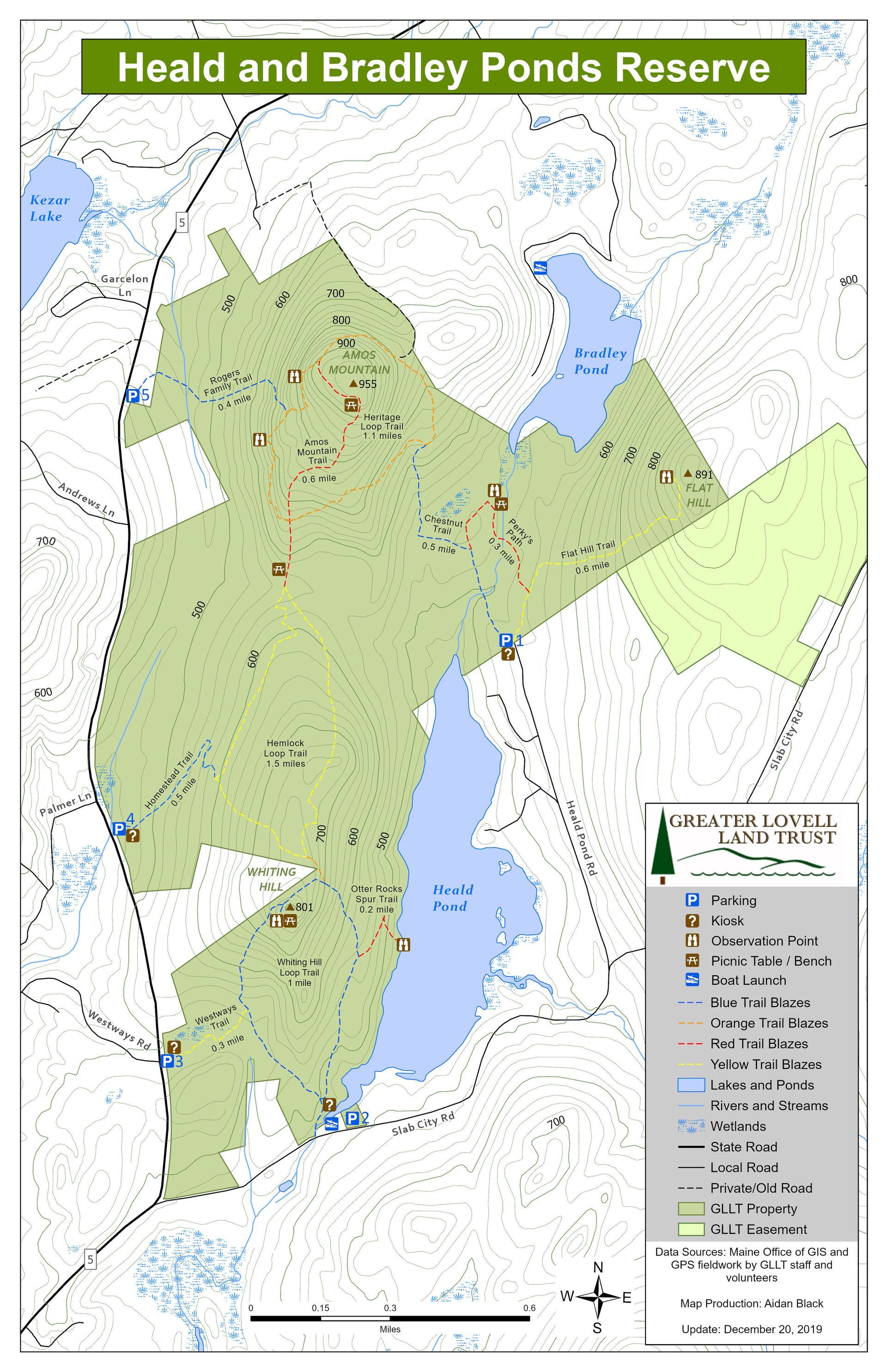 Map of Heald and Bradley Ponds Reserve. Green forested area with ponds, trails, and features.