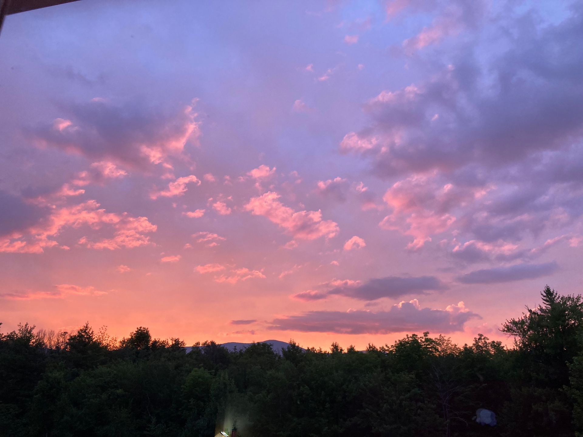 Sunset with pink and purple hues over a dark treeline.