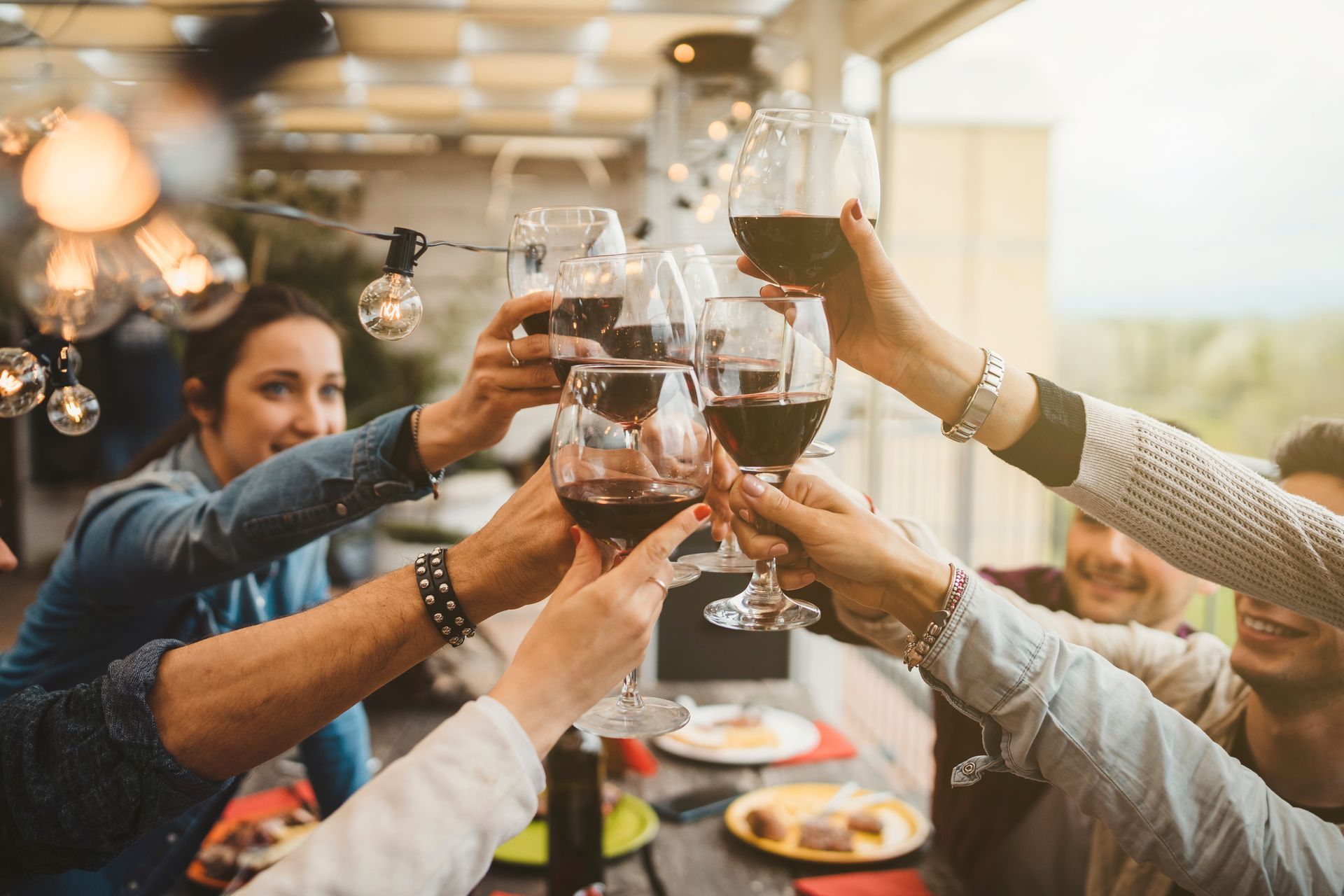 A group of people are toasting with wine glasses at a dinner table.