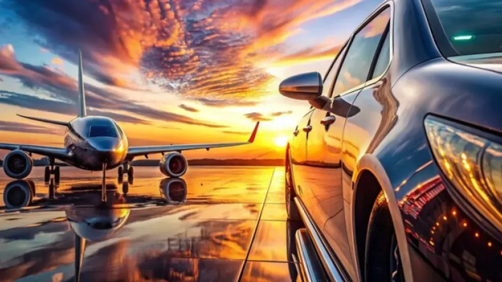 A private jet and a sleek luxury car parked on an airport tarmac during a vibrant, colorful sunset.