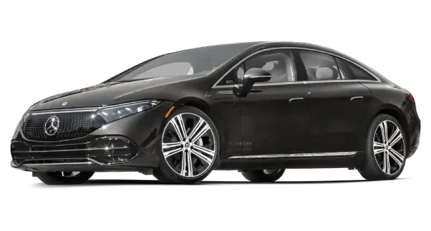 Dark gray Mercedes-Benz EQS electric sedan with silver wheels, parked on a white background.