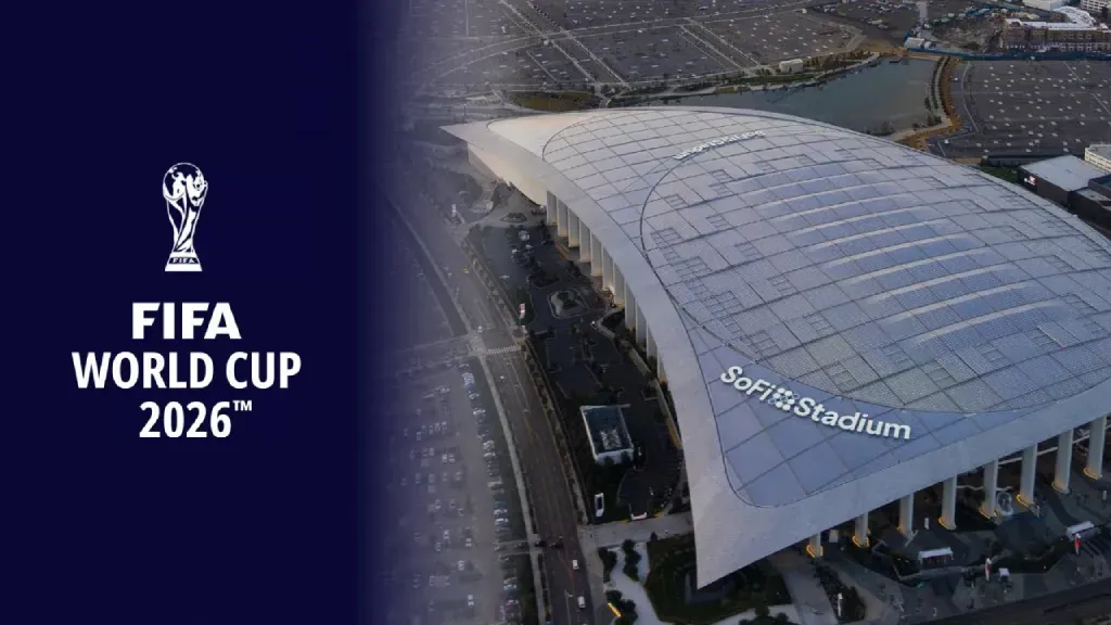 Aerial view of SoFi Stadium in dark blue branding for the FIFA World Cup 2026.