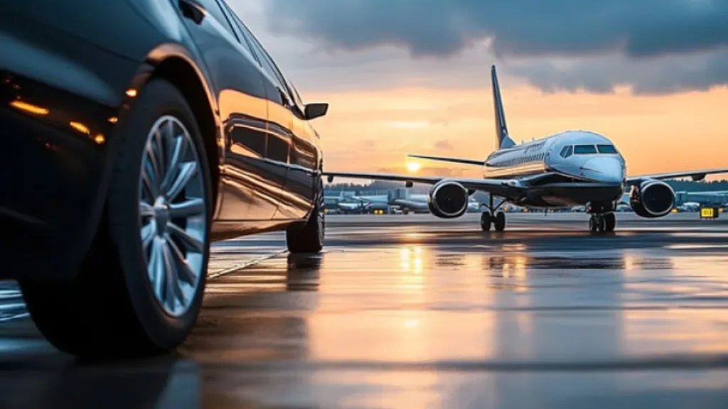 A black luxury vehicle sits on an airport tarmac at sunset, with a passenger airplane visible in the background.