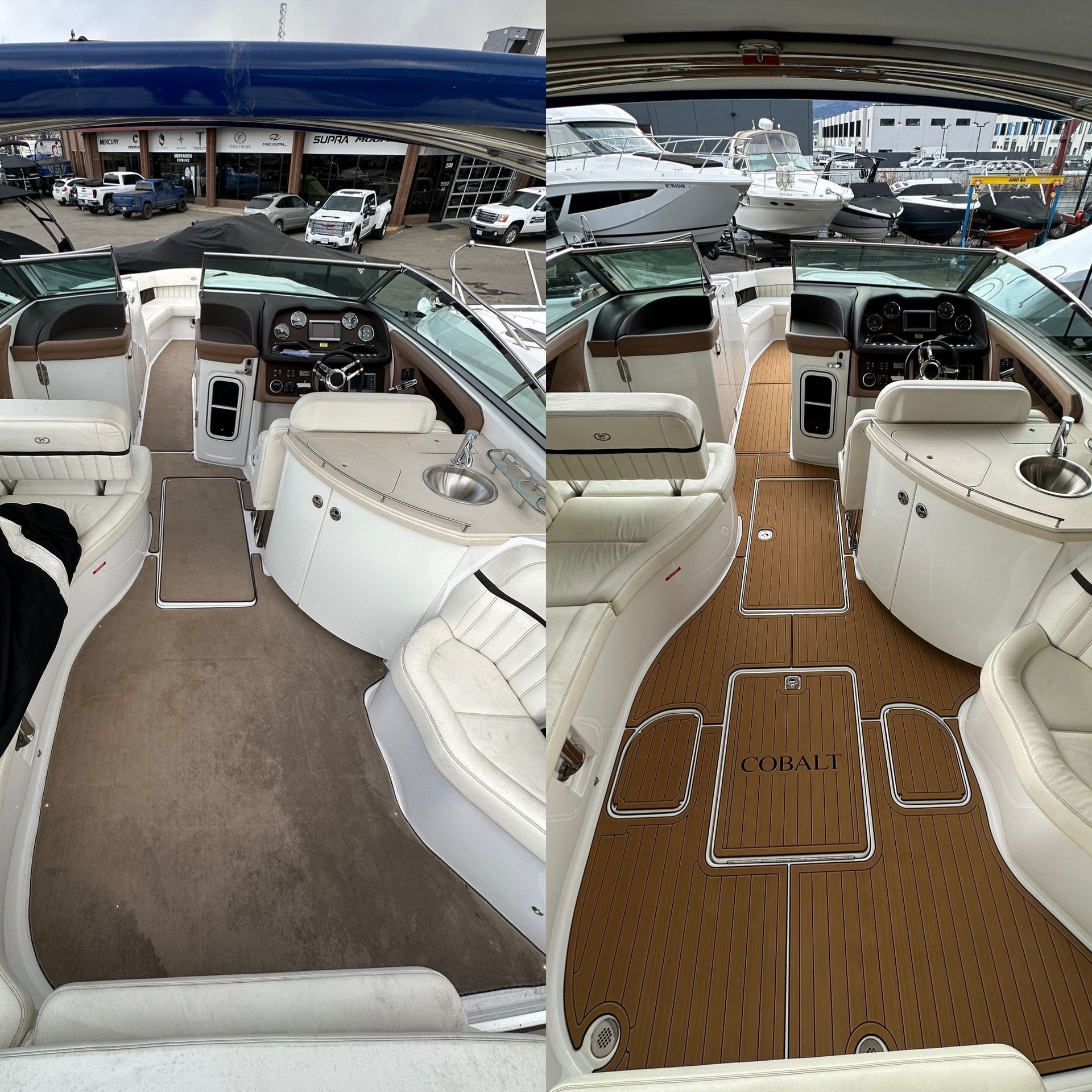 A before and after photo of the inside of a boat