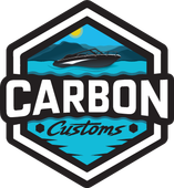 A logo for carbon customs with a boat in the water.