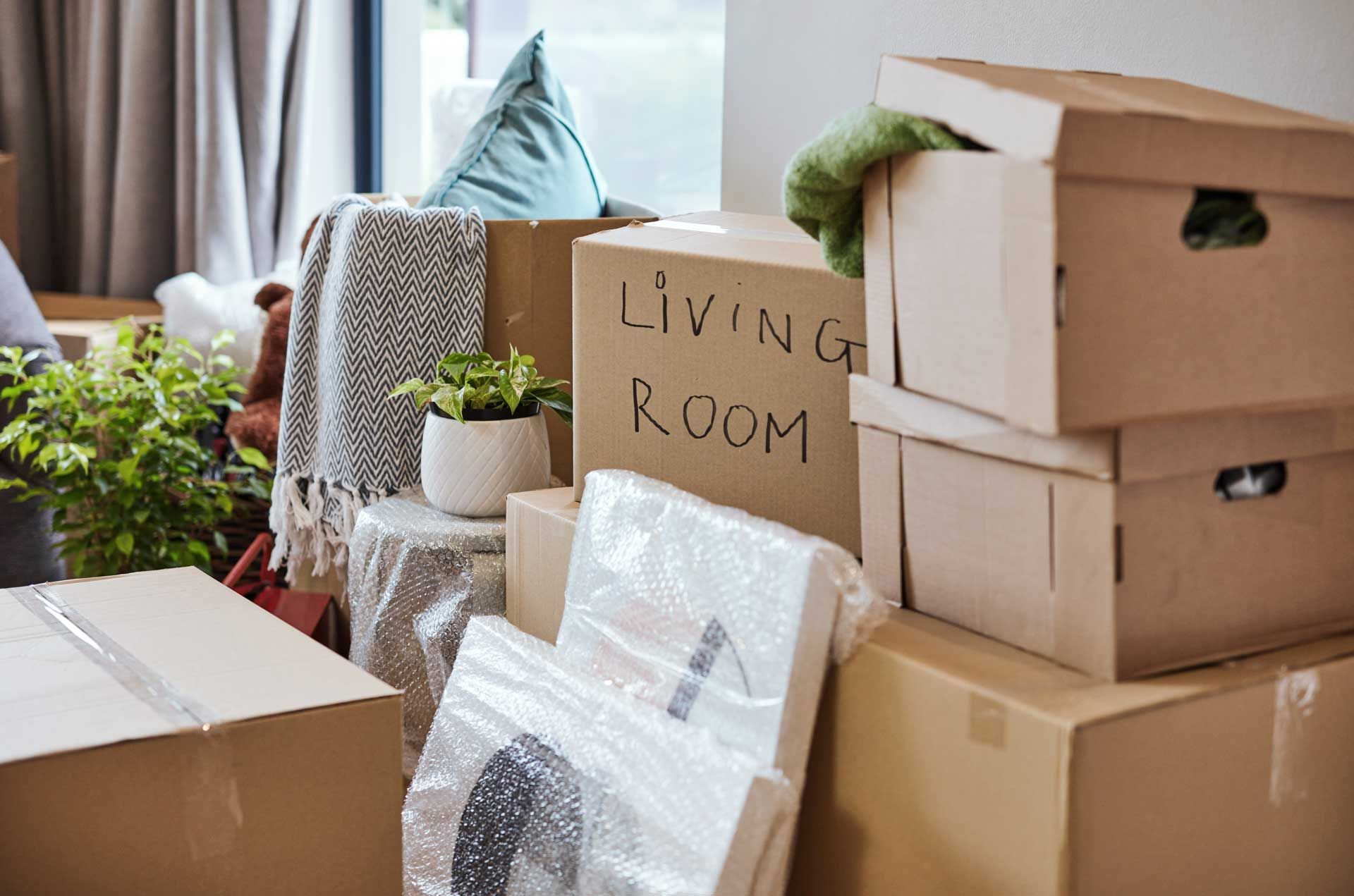 Stacked boxes labeled 'Living Room' with plants and wrapped items in a home moving scene.
