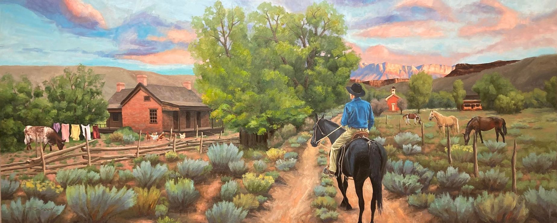 A painting of a man riding a horse down a dirt road in Grafton, Utah.