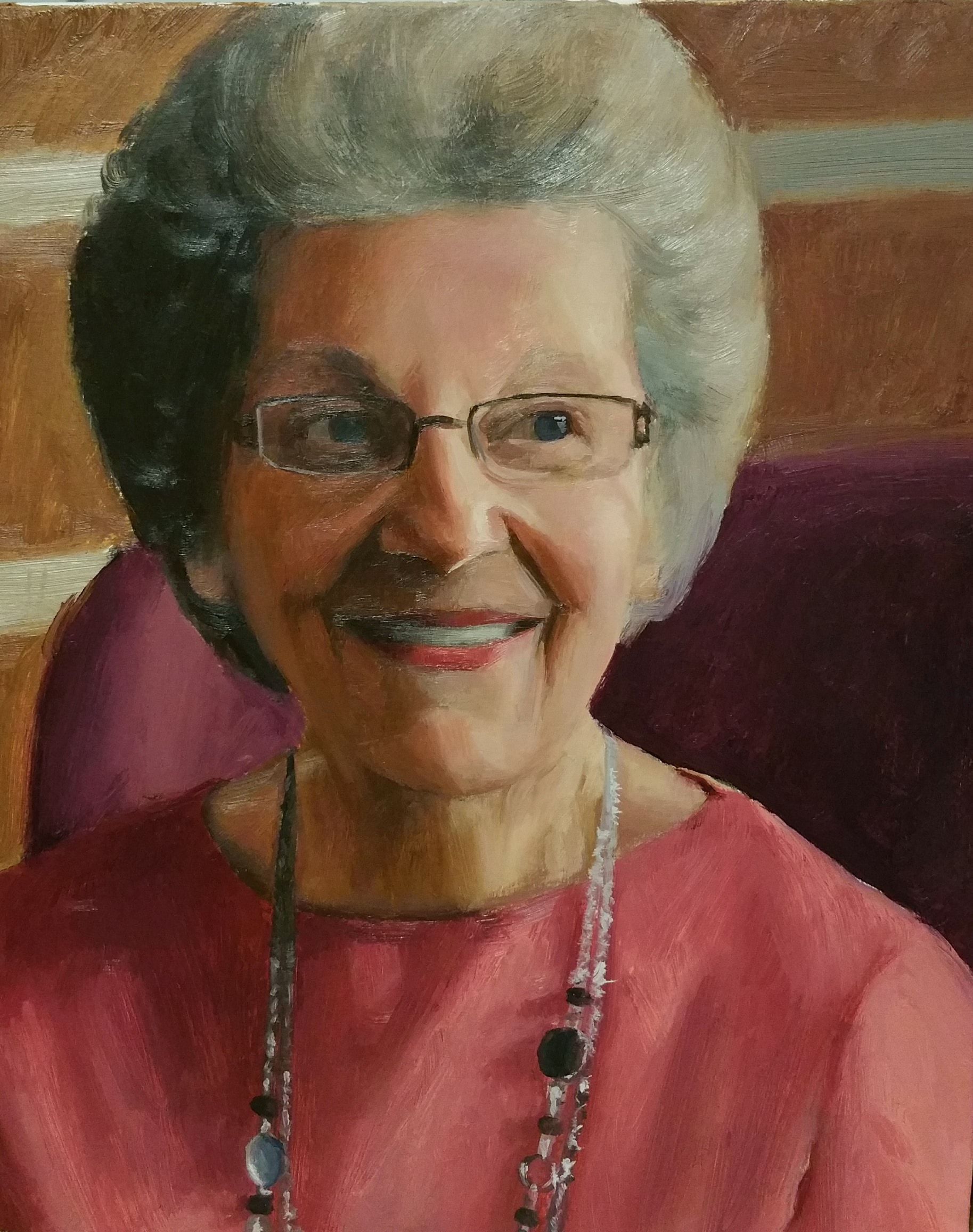 A painting of an elderly woman wearing glasses and a red shirt