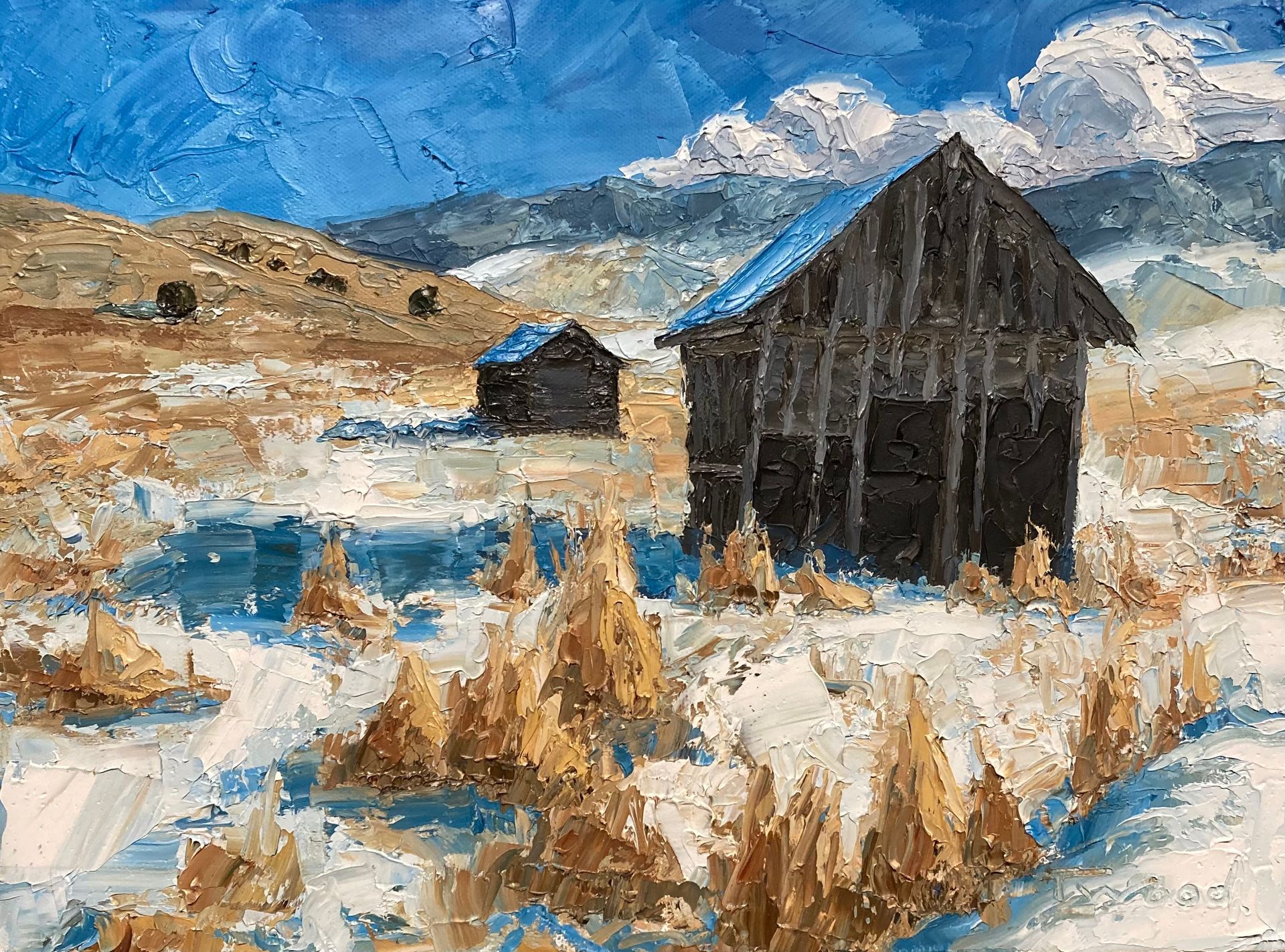 A painting of a barn in the snow.