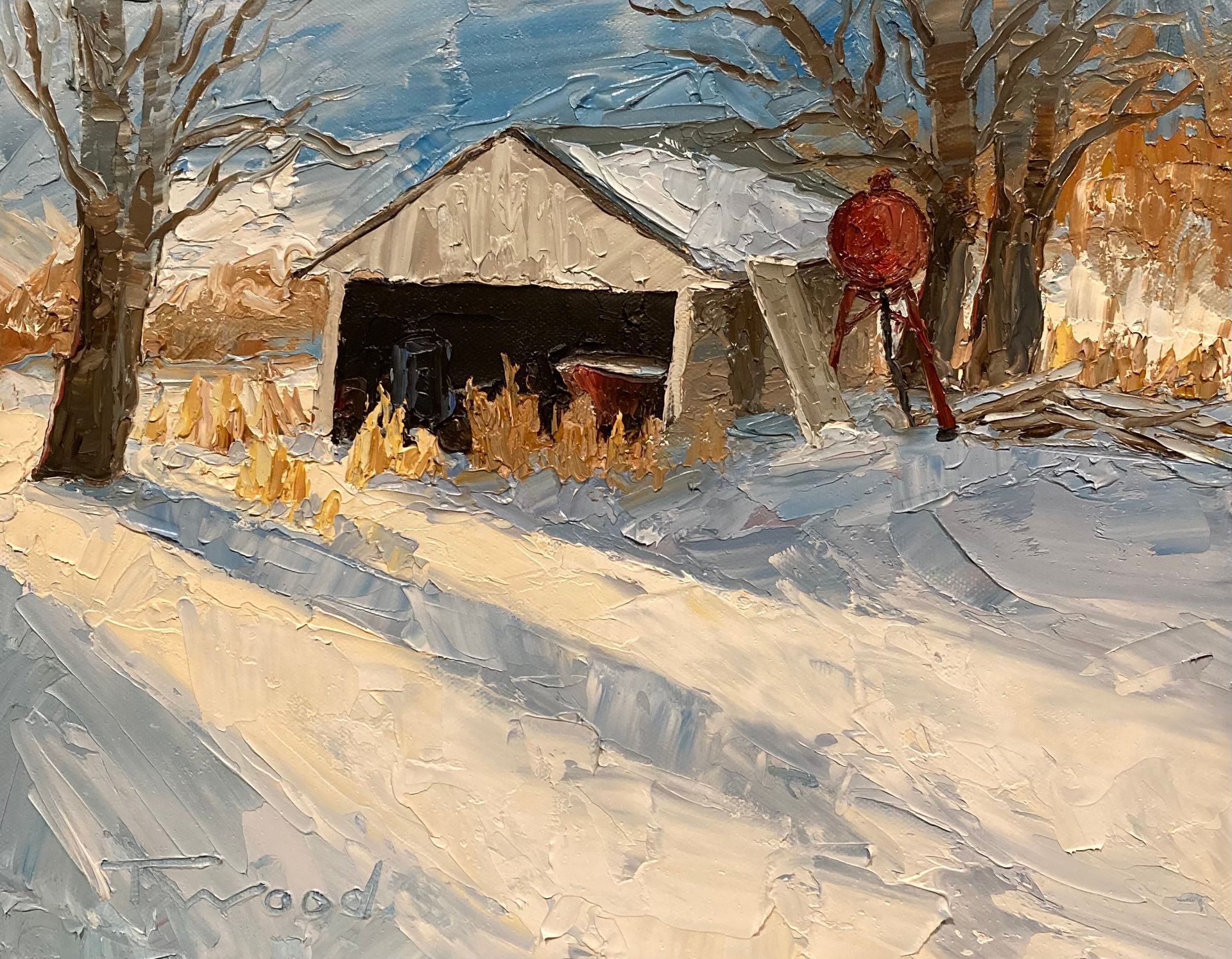 A painting of a barn in the snow with trees in the background