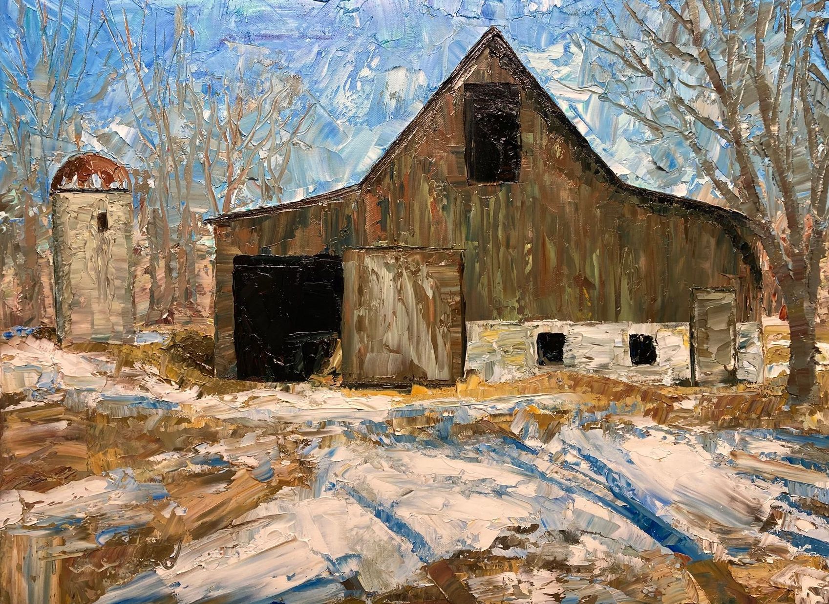 A painting of a barn in the snow with a silo in the background.