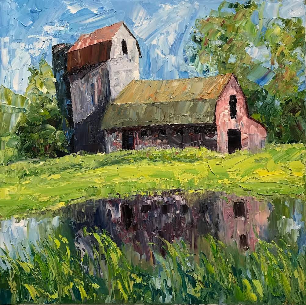 A painting of a barn in a field with a pond in the foreground.