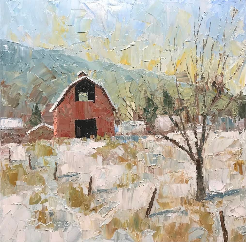 A painting of a red barn in the snow with mountains in the background.