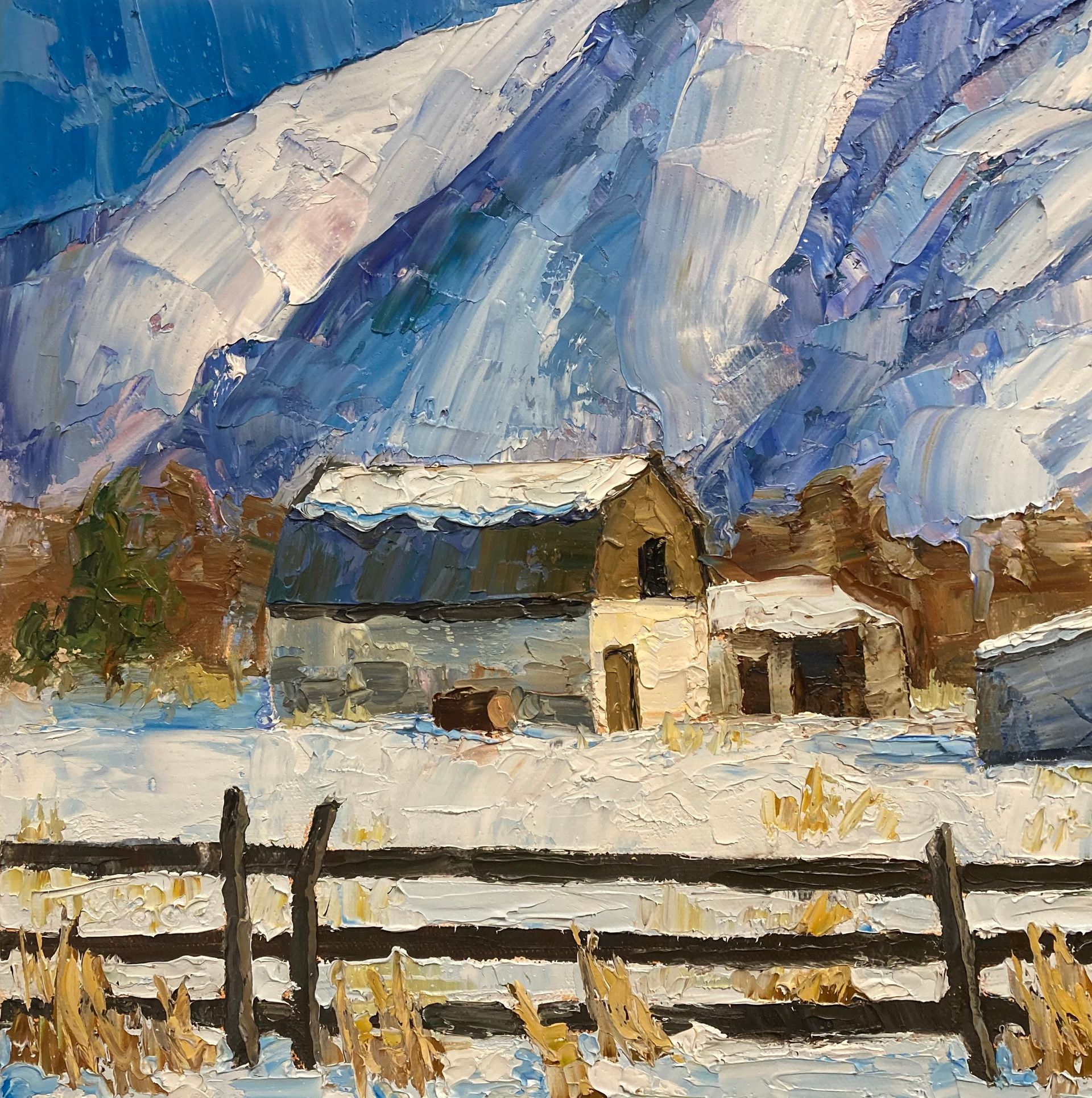 A painting of a barn in the snow with a mountain in the background