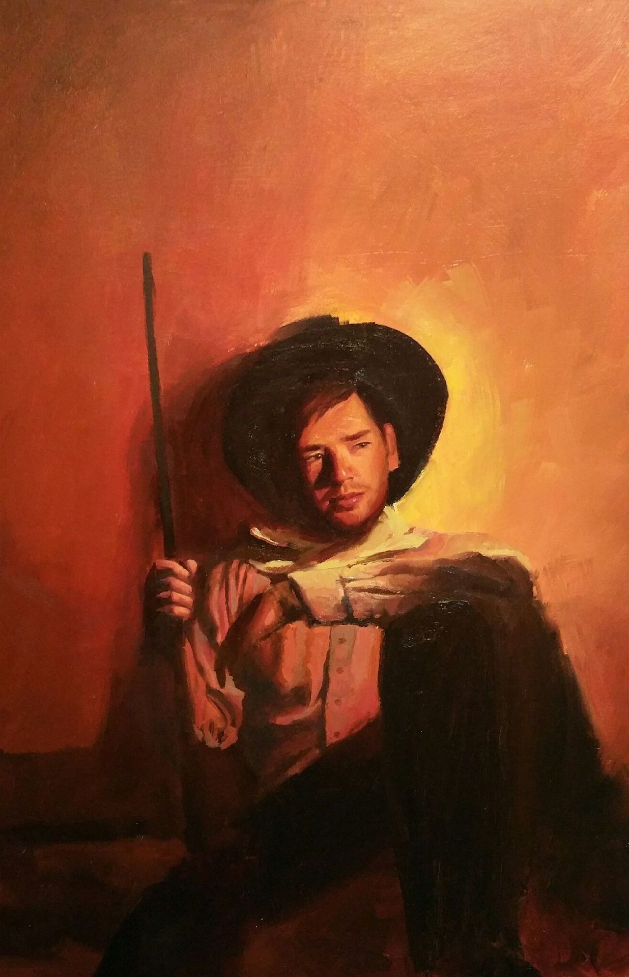 A painting of a man in a cowboy hat holding a stick.