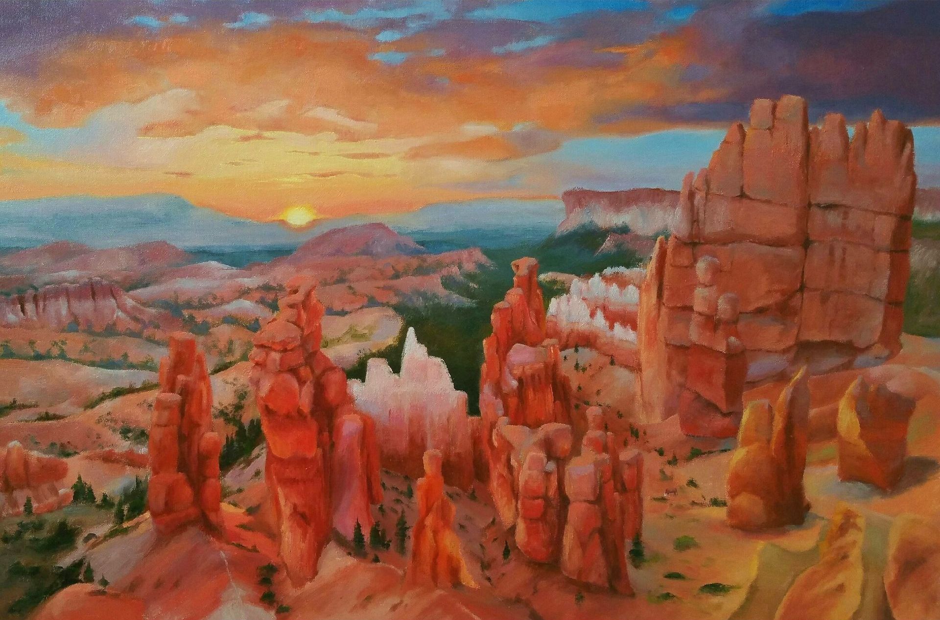 A painting of Bryce canyon with a sunset in the background.