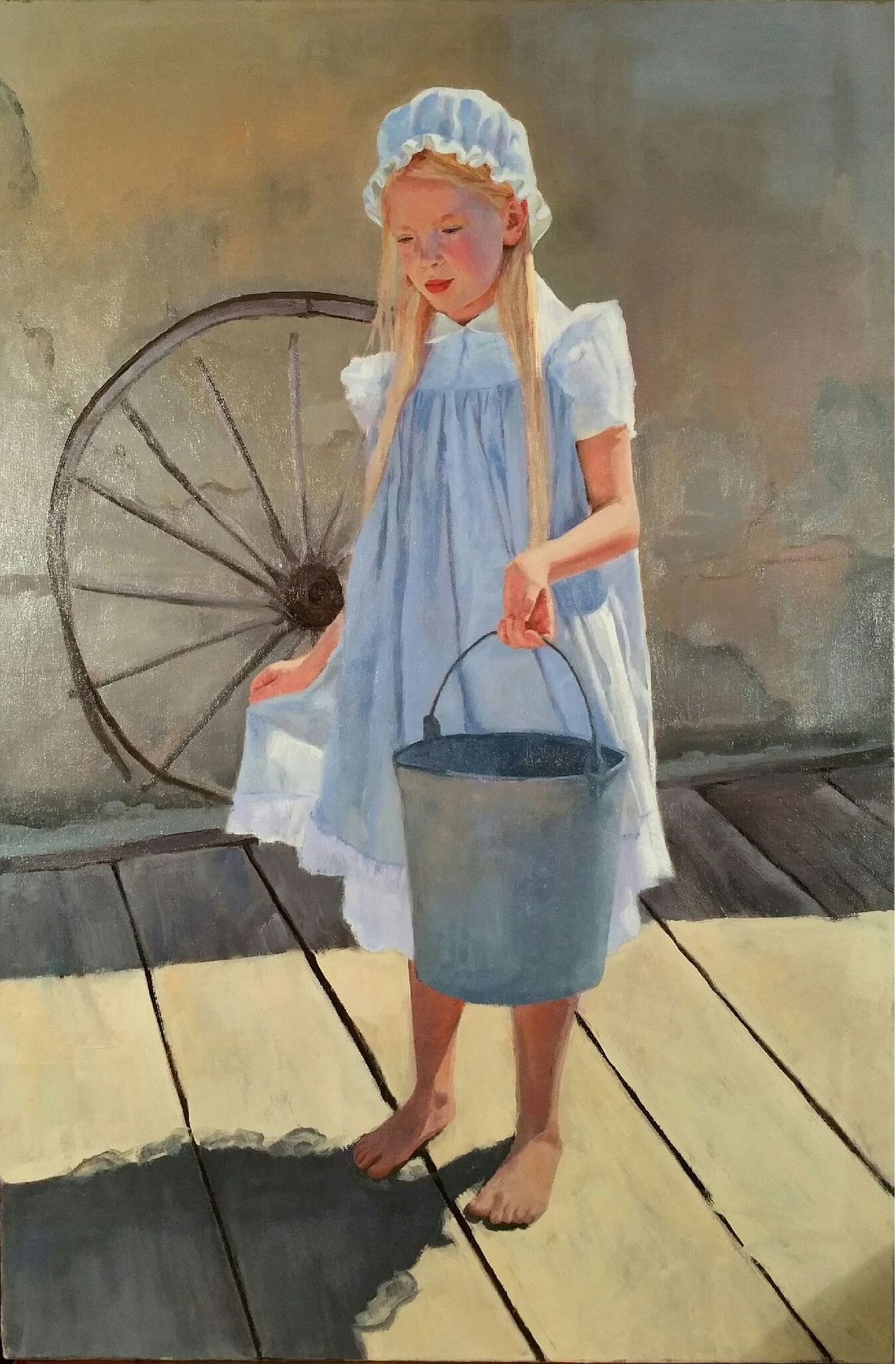 A painting of a little pioneer girl holding a bucket