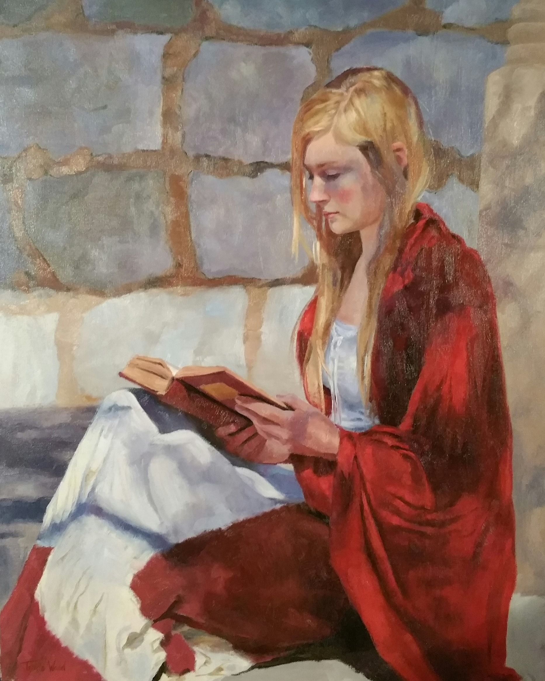 A painting of a woman in a red cape reading a book