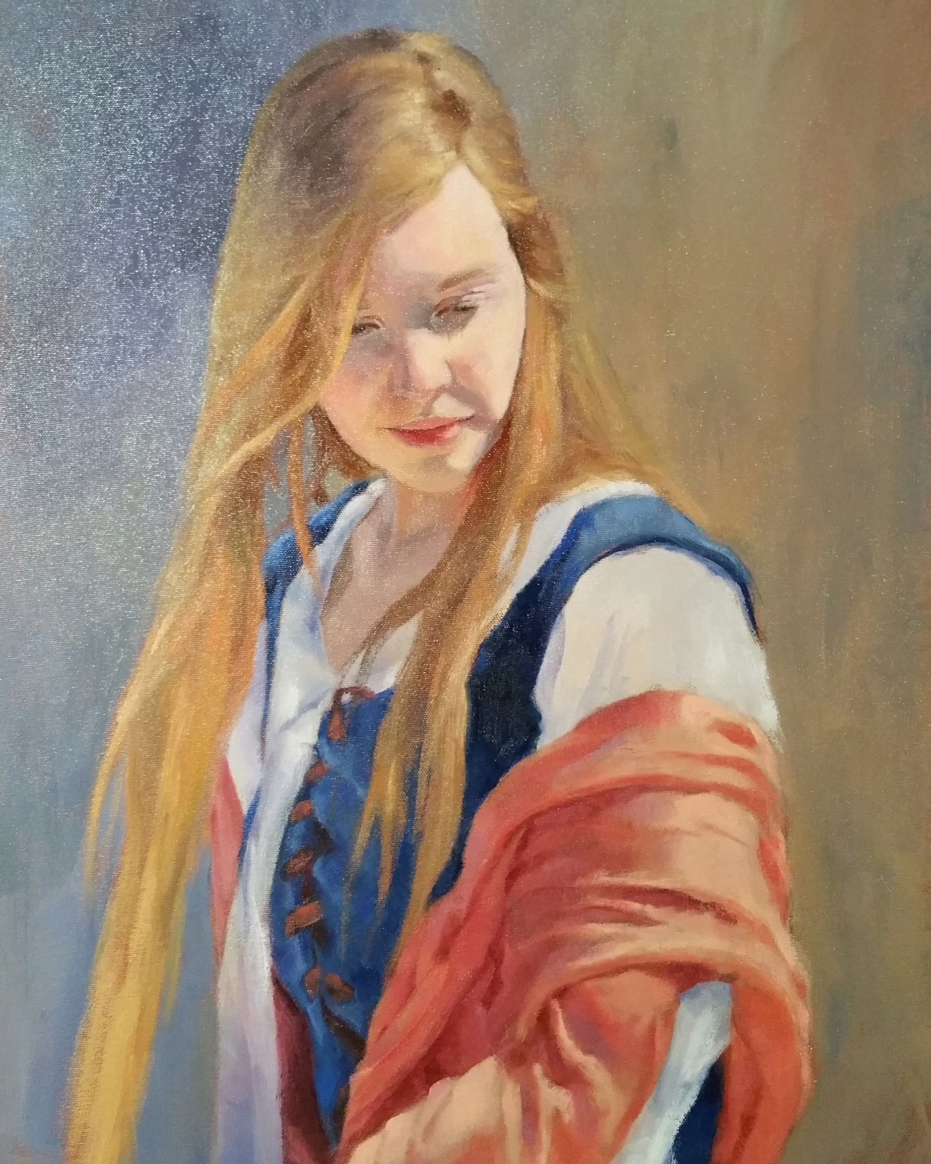 A painting of a young girl with long blonde hair