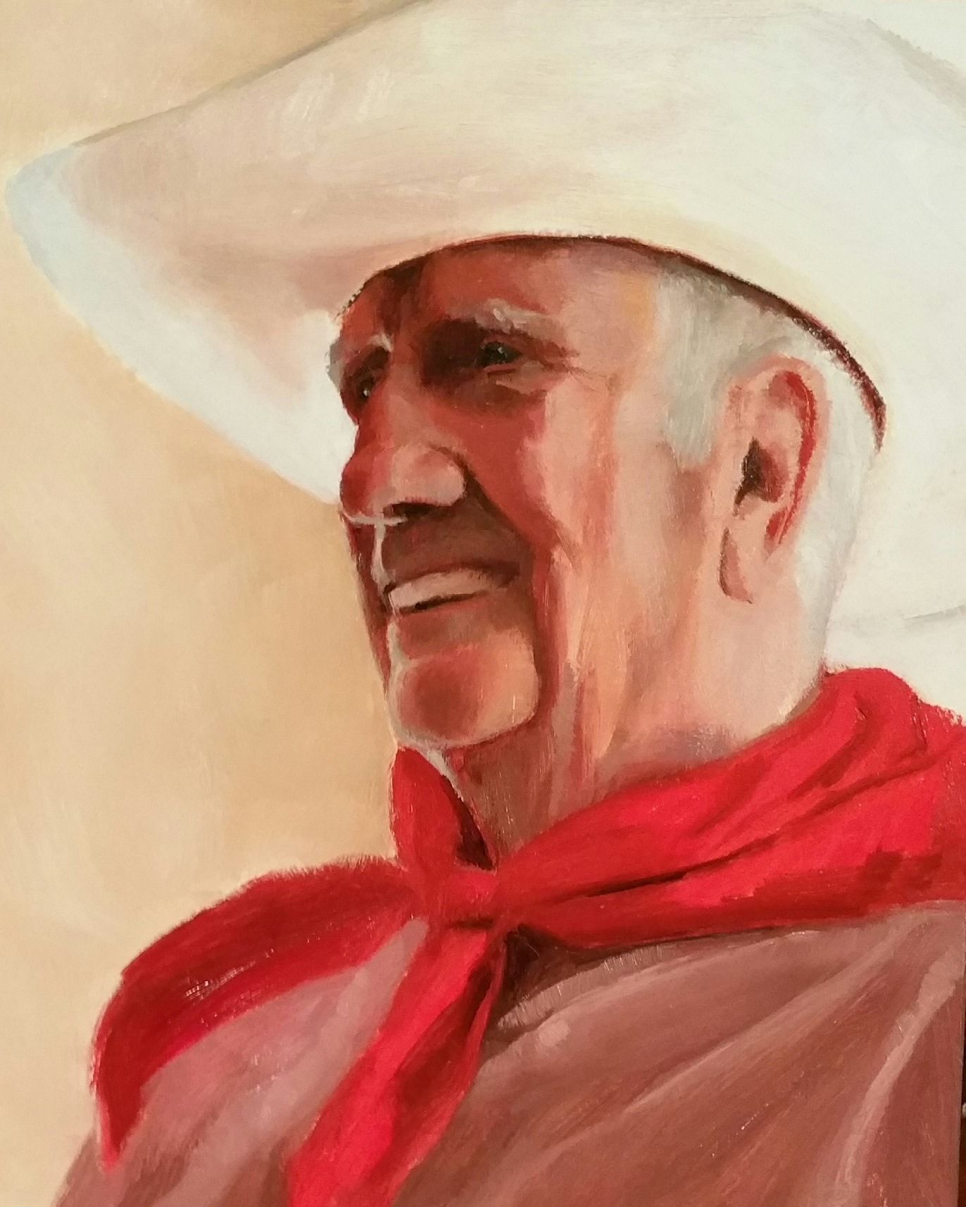 A painting of a man wearing a cowboy hat and a red bandana
