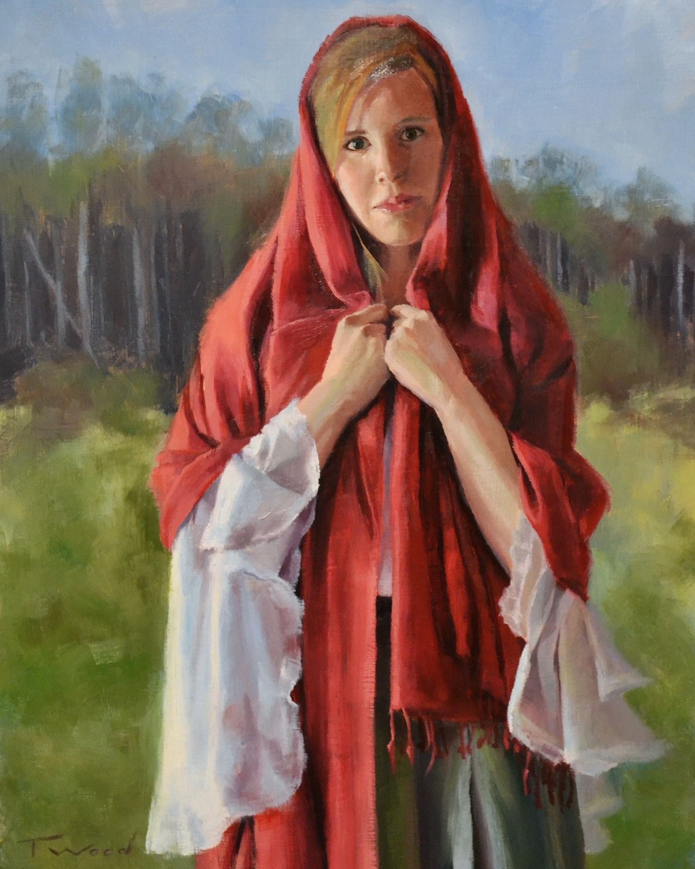 A painting of a woman wearing a red scarf